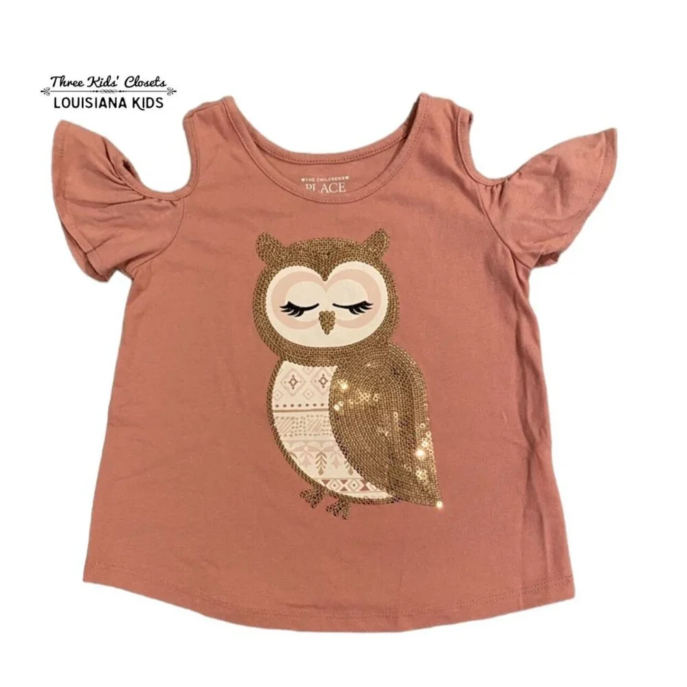 Children's Place 3T Sequin Owl Cold Shoulder Shirt